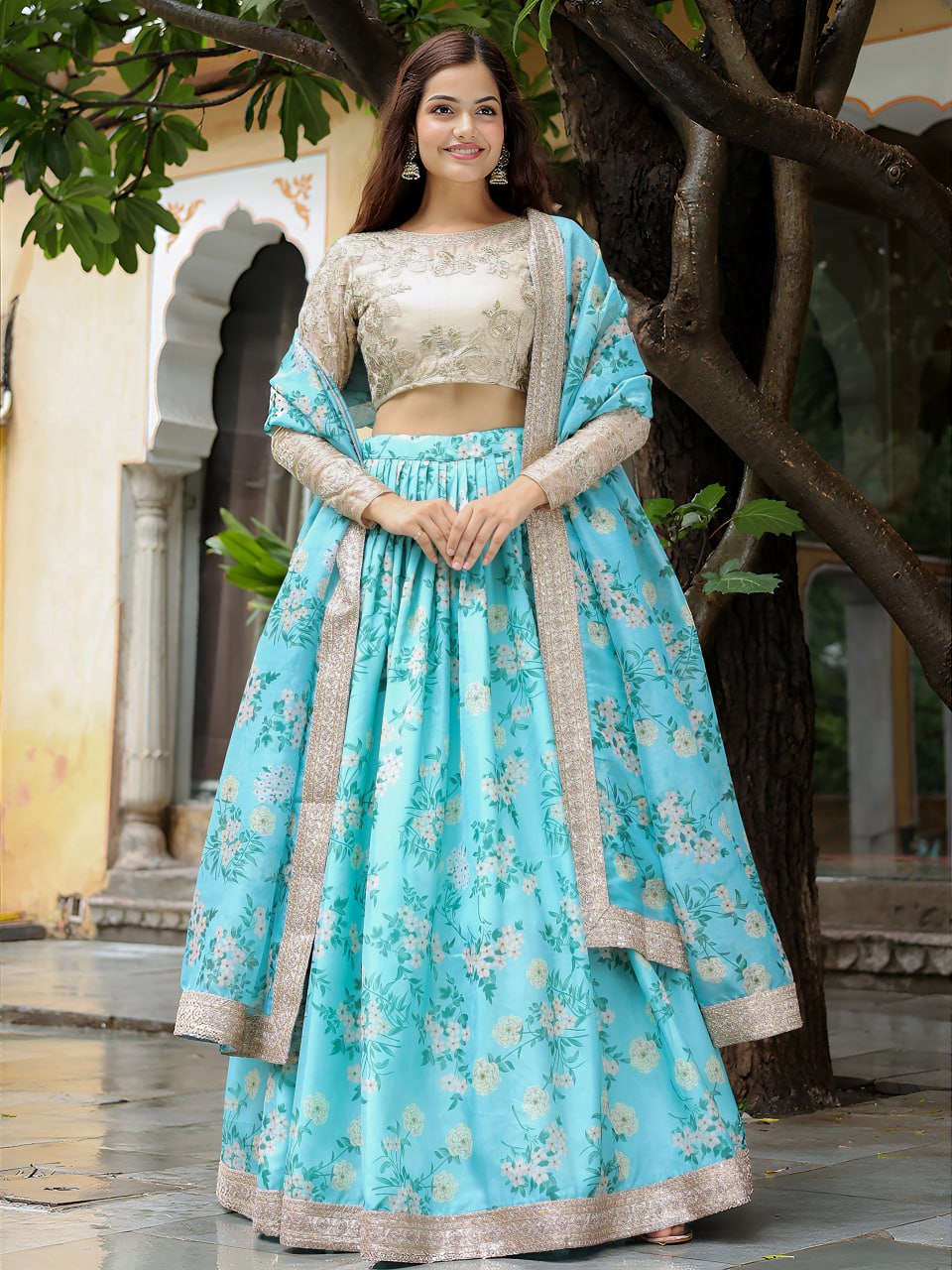 Sky Blue Digital Floral Print with Dori and Sequins Embroidery Lehenga Choli