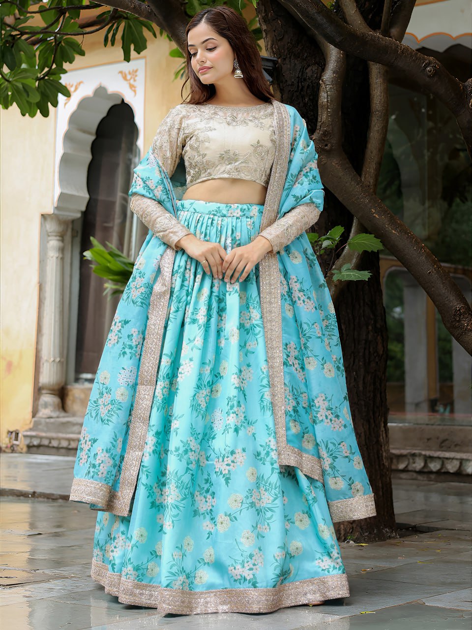 Sky Blue Digital Floral Print with Dori and Sequins Embroidery Lehenga Choli