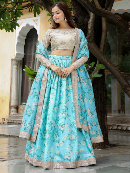 Sky Blue Digital Floral Print with Dori and Sequins Embroidery Lehenga Choli