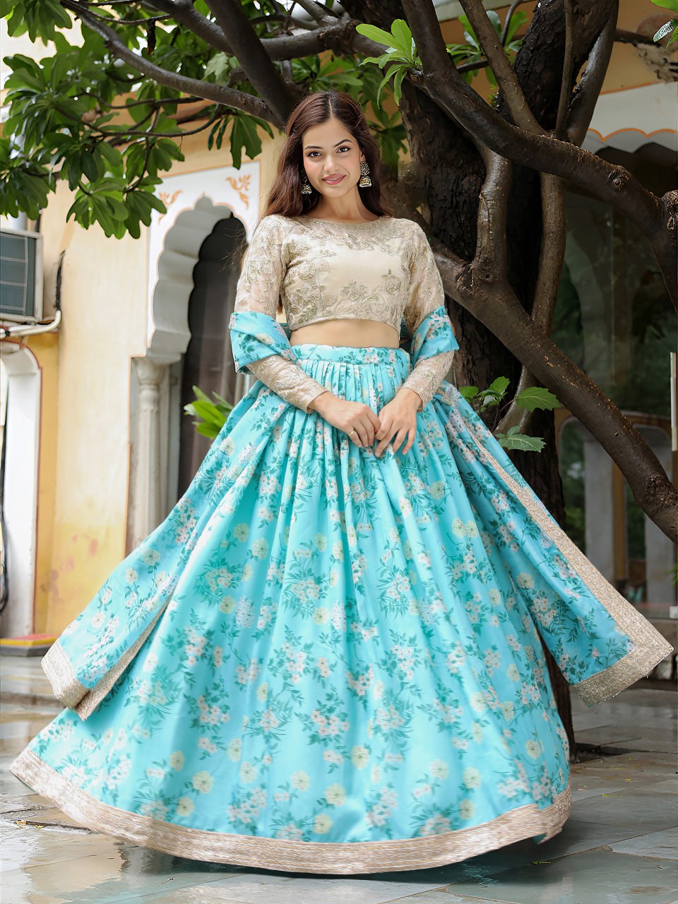 Sky Blue Digital Floral Print with Dori and Sequins Embroidery Lehenga Choli