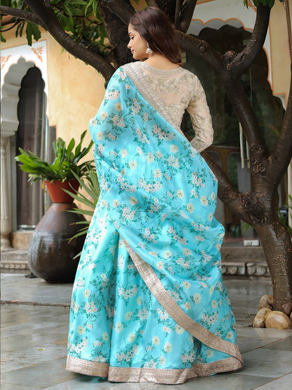 Sky Blue Digital Floral Print with Dori and Sequins Embroidery Lehenga Choli