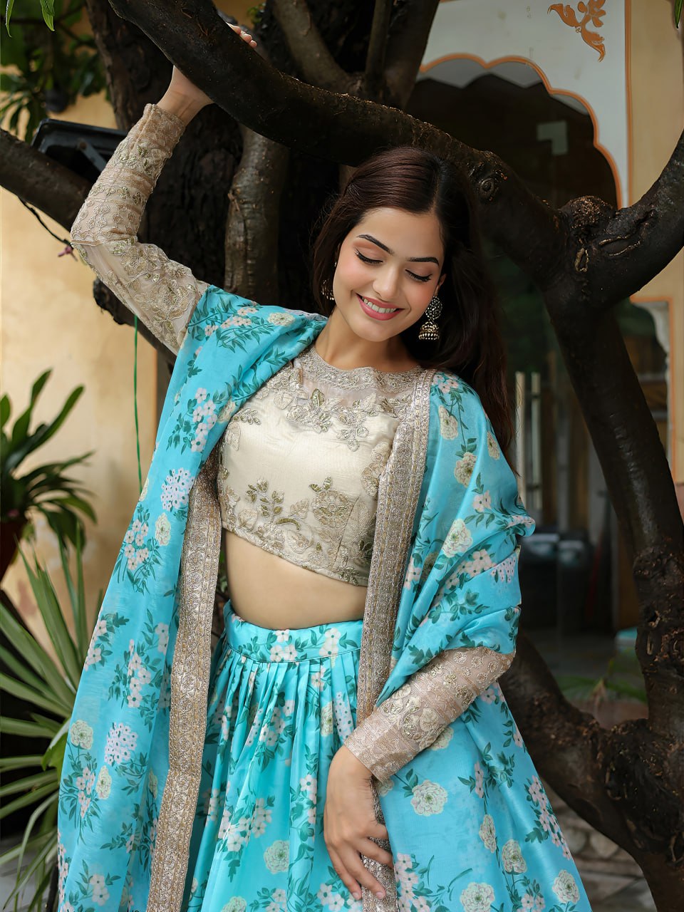 Sky Blue Digital Floral Print with Dori and Sequins Embroidery Lehenga Choli
