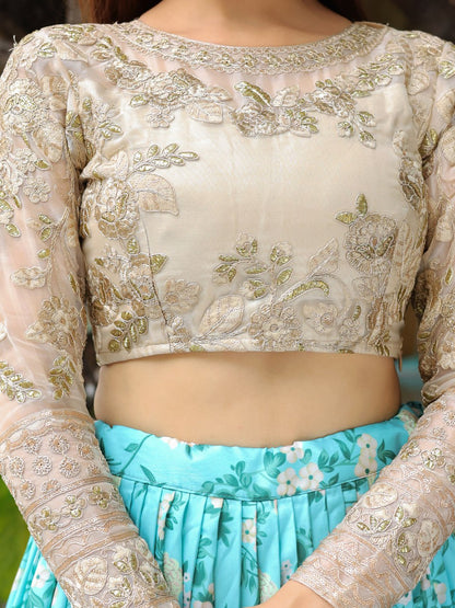 Sky Blue Digital Floral Print with Dori and Sequins Embroidery Lehenga Choli