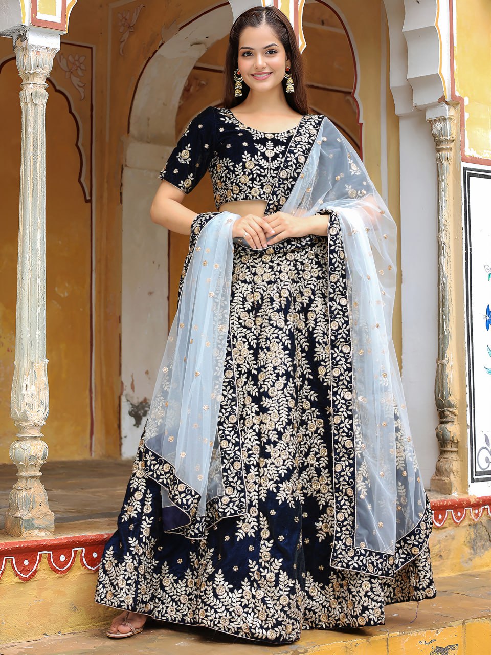 Navy Blue Zari and Thread Embroidered Lehenga Choli with Diamond Work