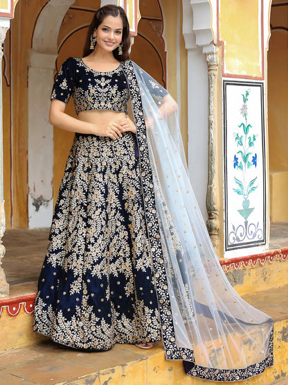 Navy Blue Zari and Thread Embroidered Lehenga Choli with Diamond Work
