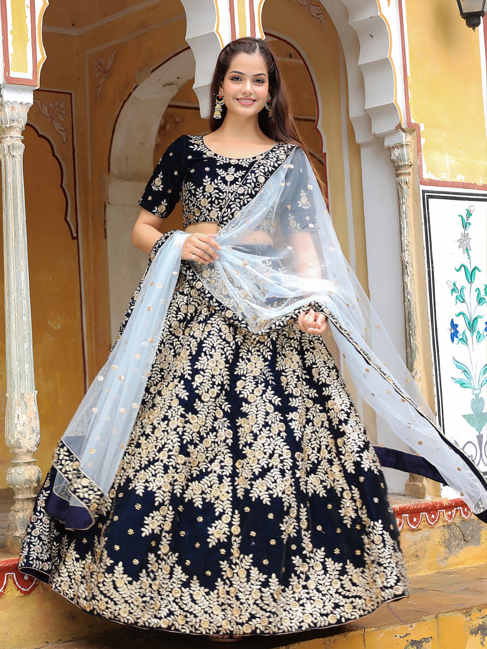Navy Blue Zari and Thread Embroidered Lehenga Choli with Diamond Work