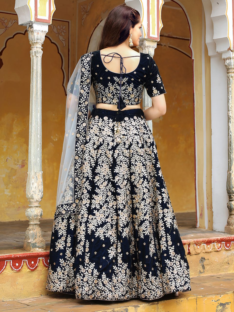 Navy Blue Zari and Thread Embroidered Lehenga Choli with Diamond Work
