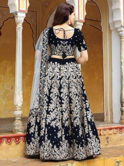 Navy Blue Zari and Thread Embroidered Lehenga Choli with Diamond Work