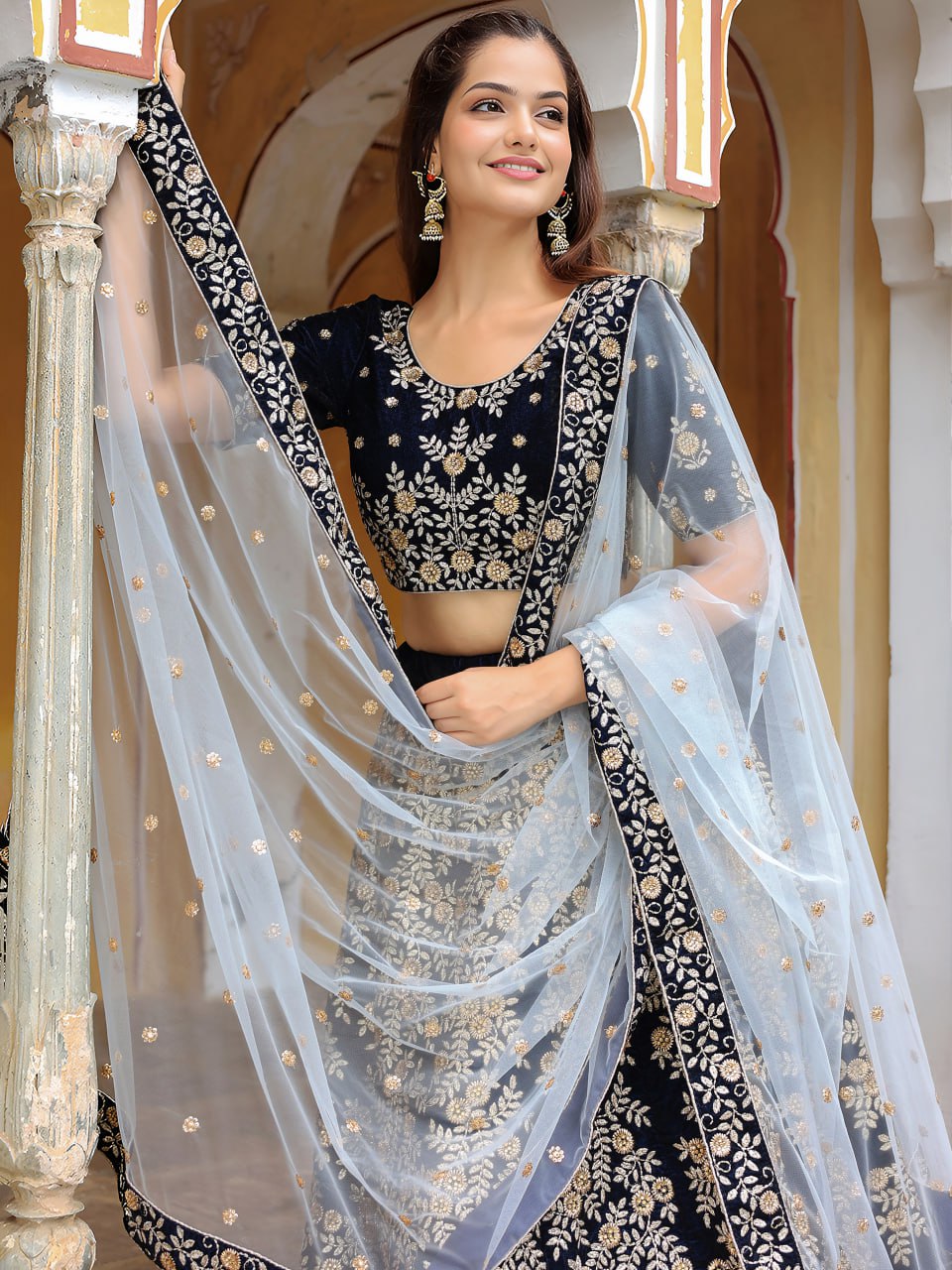 Navy Blue Zari and Thread Embroidered Lehenga Choli with Diamond Work
