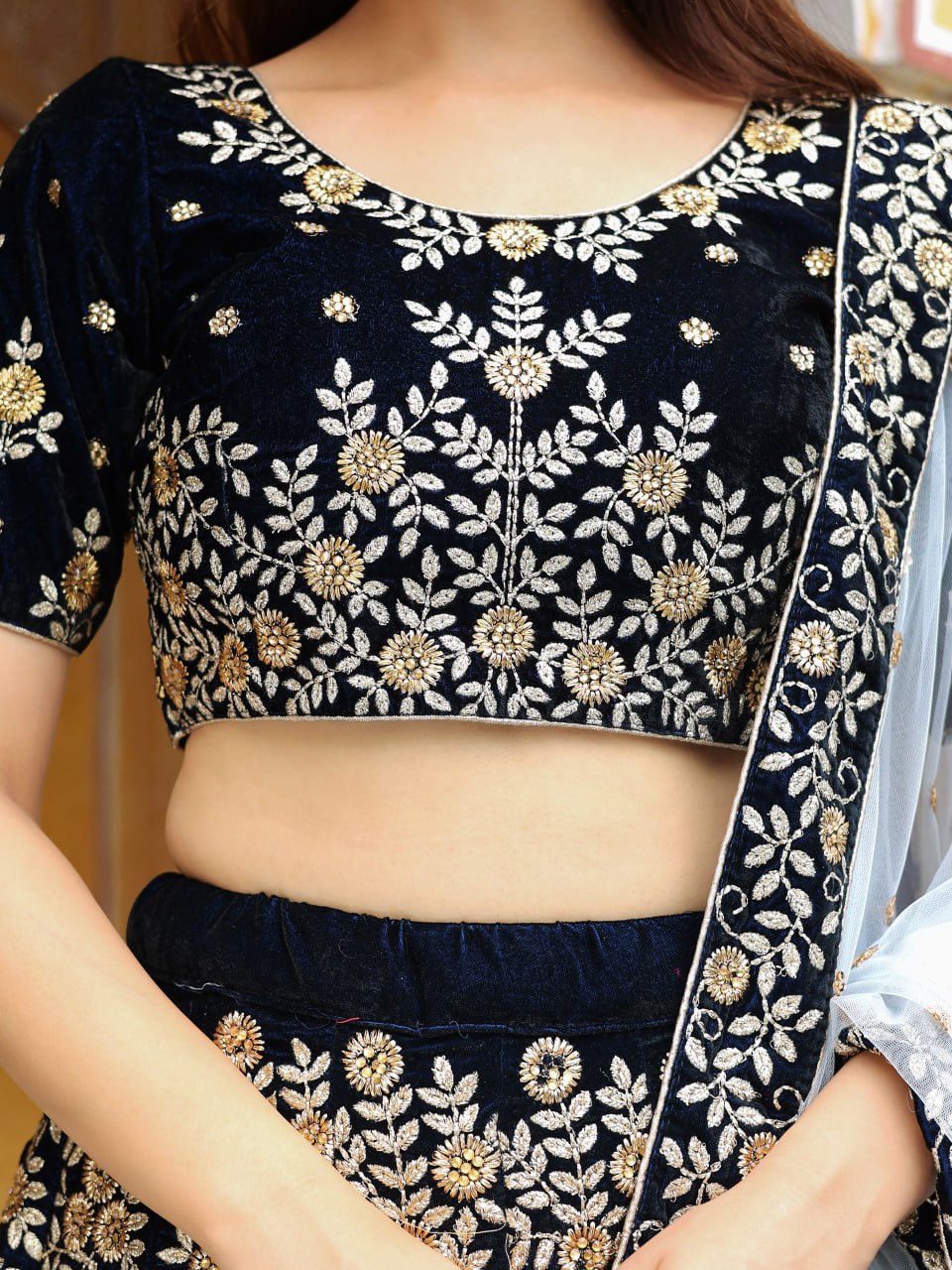 Navy Blue Zari and Thread Embroidered Lehenga Choli with Diamond Work