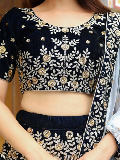 Navy Blue Zari and Thread Embroidered Lehenga Choli with Diamond Work