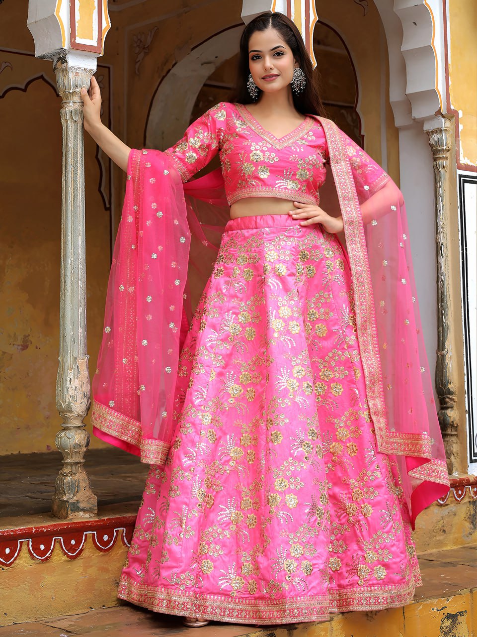 Pink Zari, Dori and Sequins Embroidered Party Wear Lehenga Choli