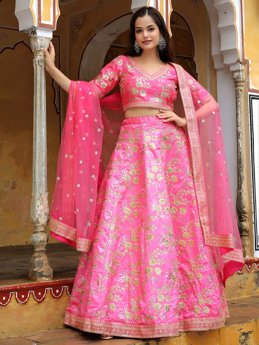 Pink Zari, Dori and Sequins Embroidered Party Wear Lehenga Choli
