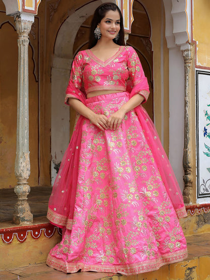 Pink Zari, Dori and Sequins Embroidered Party Wear Lehenga Choli