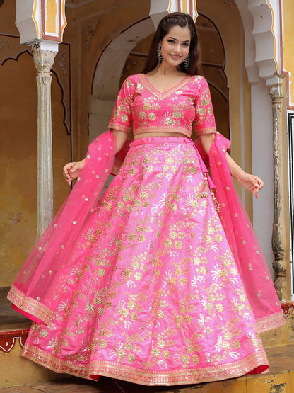 Pink Zari, Dori and Sequins Embroidered Party Wear Lehenga Choli