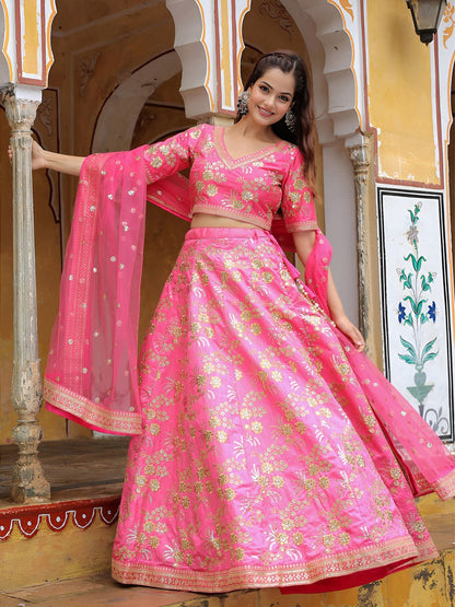 Pink Zari, Dori and Sequins Embroidered Party Wear Lehenga Choli