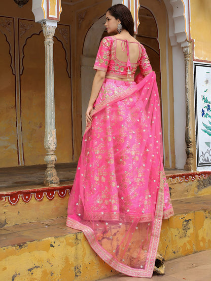Pink Zari, Dori and Sequins Embroidered Party Wear Lehenga Choli