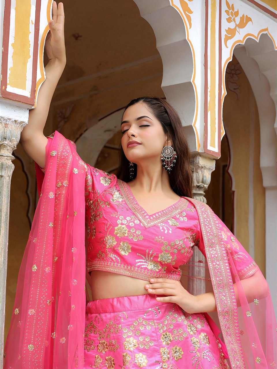 Pink Zari, Dori and Sequins Embroidered Party Wear Lehenga Choli