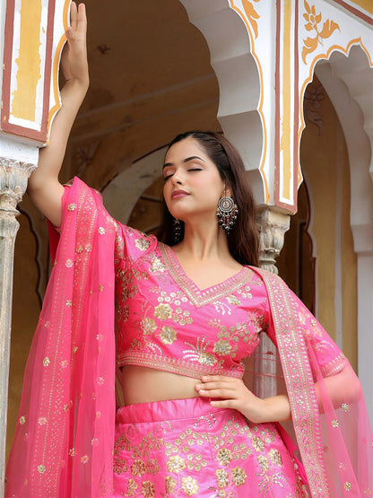 Pink Zari, Dori and Sequins Embroidered Party Wear Lehenga Choli