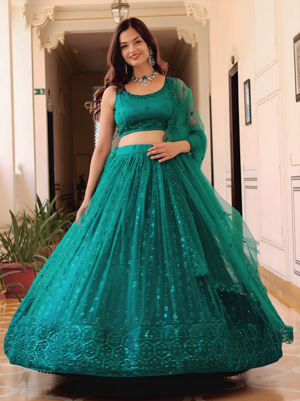 Teal Green Thread, Sequins and Pearl Embroidered Party Wear Lehenga Choli
