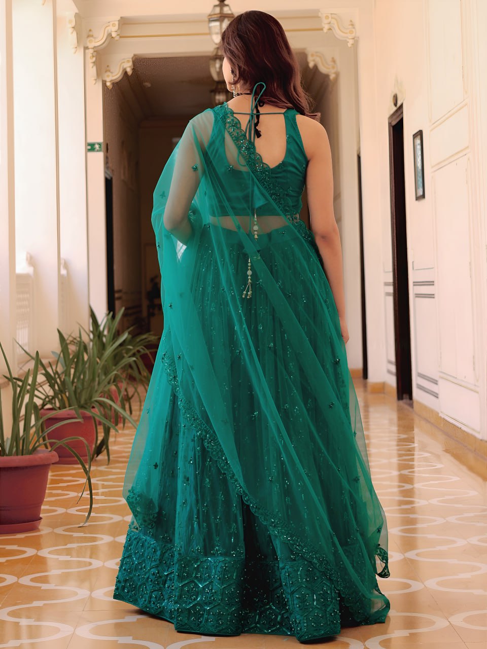 Teal Green Thread, Sequins and Pearl Embroidered Party Wear Lehenga Choli