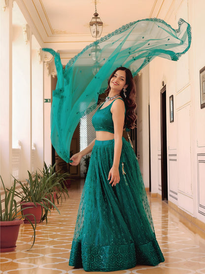 Teal Green Thread, Sequins and Pearl Embroidered Party Wear Lehenga Choli