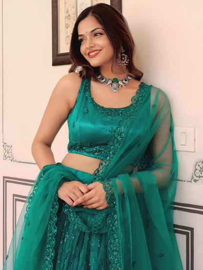 Teal Green Thread, Sequins and Pearl Embroidered Party Wear Lehenga Choli