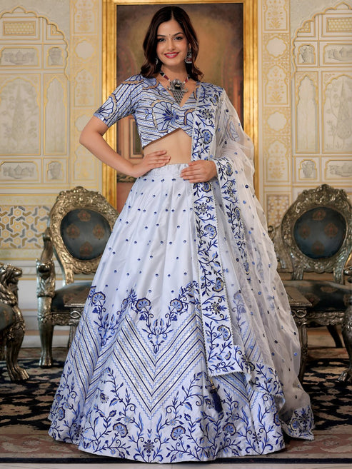 blue and white lehenga dress White and Blue Thread and Sequins Embroidered Party Wear Lehenga Choli Shopgarb Store
