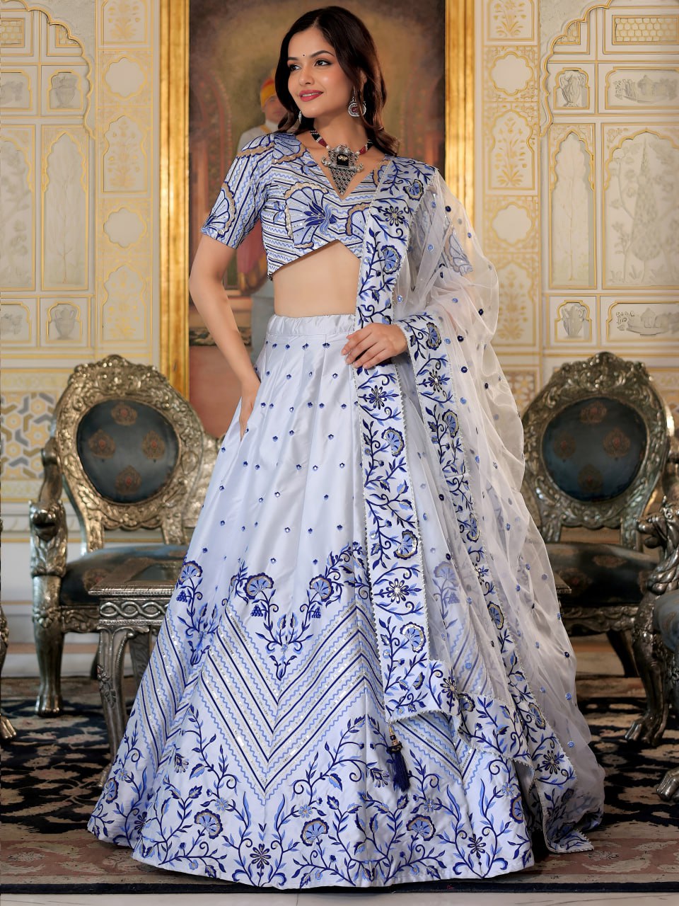 White and Blue Thread and Sequins Embroidered Party Wear Lehenga Choli