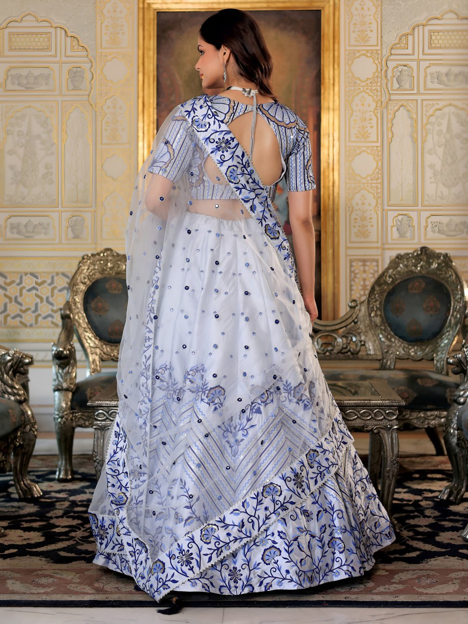 White and Blue Thread and Sequins Embroidered Party Wear Lehenga Choli