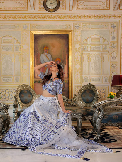 White and Blue Thread and Sequins Embroidered Party Wear Lehenga Choli
