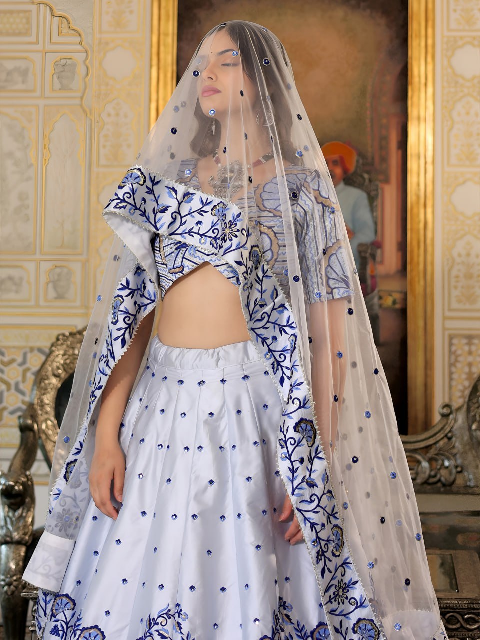 White and Blue Thread and Sequins Embroidered Party Wear Lehenga Choli