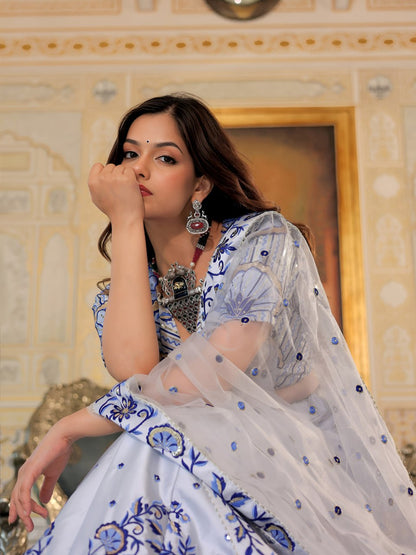 White and Blue Thread and Sequins Embroidered Party Wear Lehenga Choli