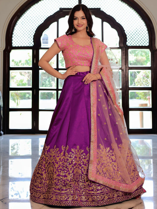 Purple and Pink Zari, Dori and Sequins Embroidered Lehenga Choli