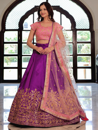 Purple and Pink Zari, Dori and Sequins Embroidered Lehenga Choli