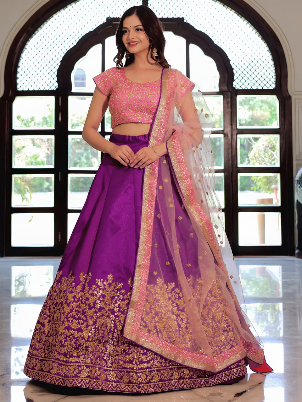 Purple and Pink Zari, Dori and Sequins Embroidered Lehenga Choli