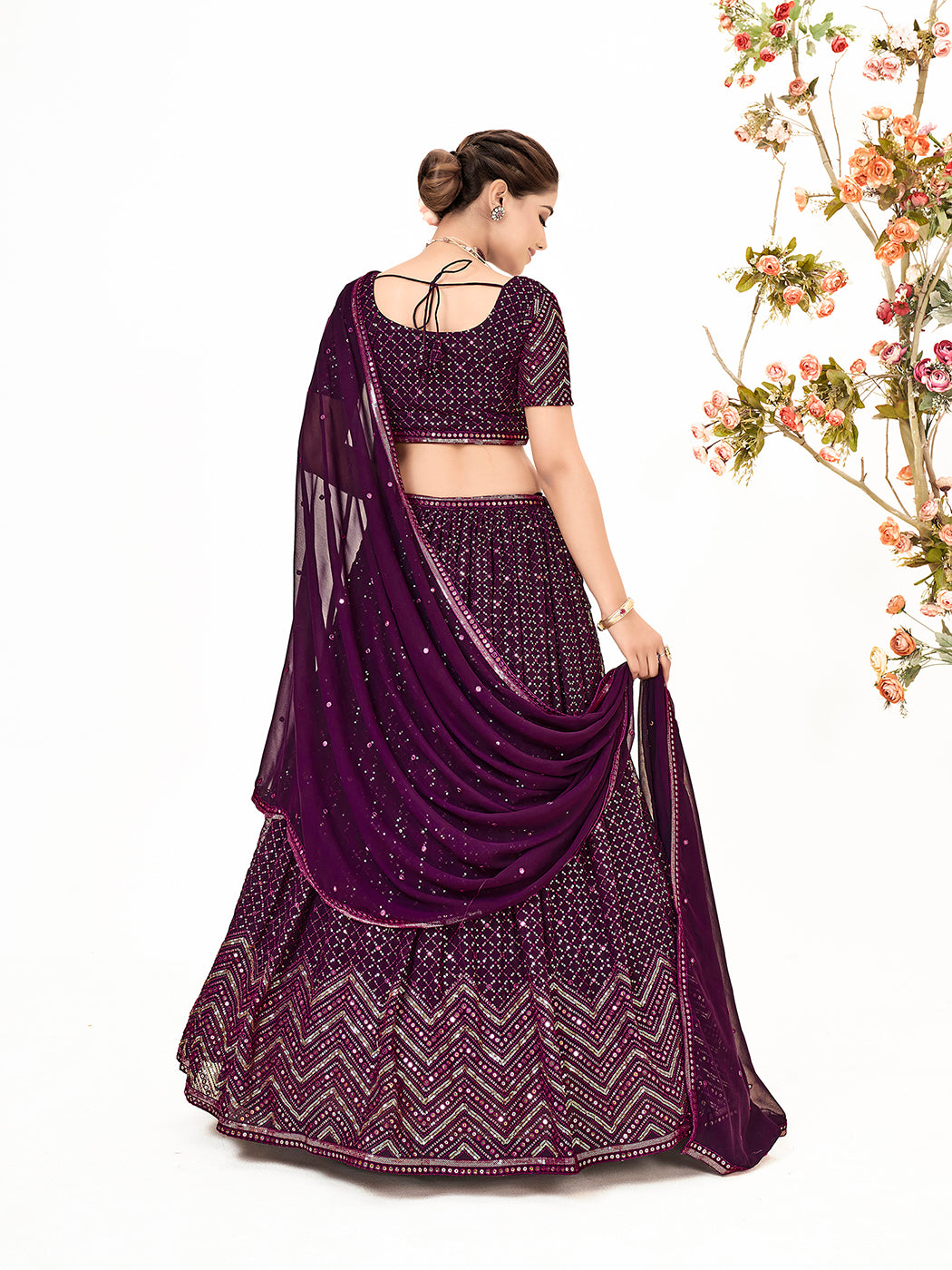 Dark Purple Georgette Embroidered Wedding Lehenga Choli