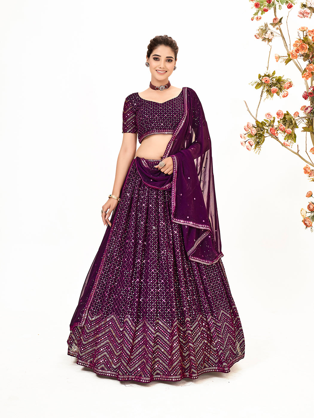 Dark Purple Georgette Embroidered Wedding Lehenga Choli