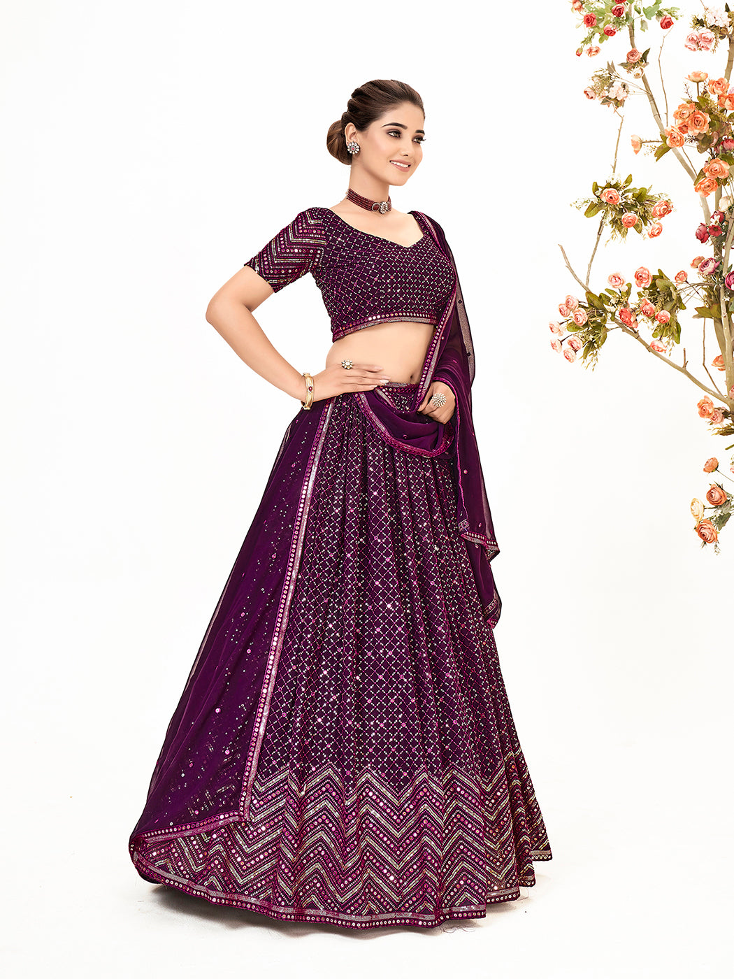 Dark Purple Georgette Embroidered Wedding Lehenga Choli