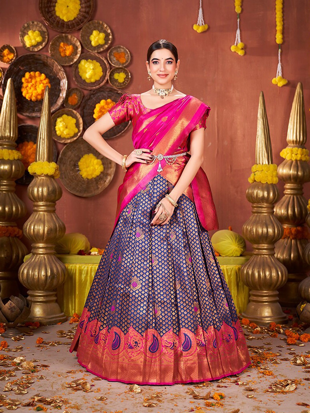 Blue & Pink Banarasi Silk Half Saree Lehenga Choli