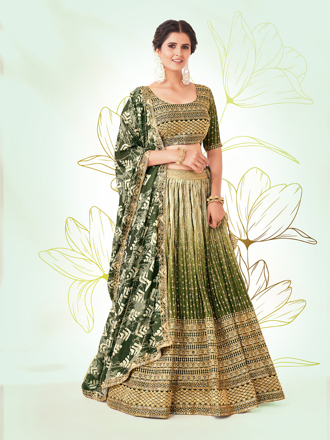 Olive Green Navratri Special Chinon Silk Lehenga Choli