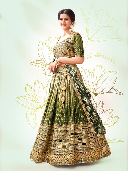 Olive Green Navratri Special Chinon Silk Lehenga Choli