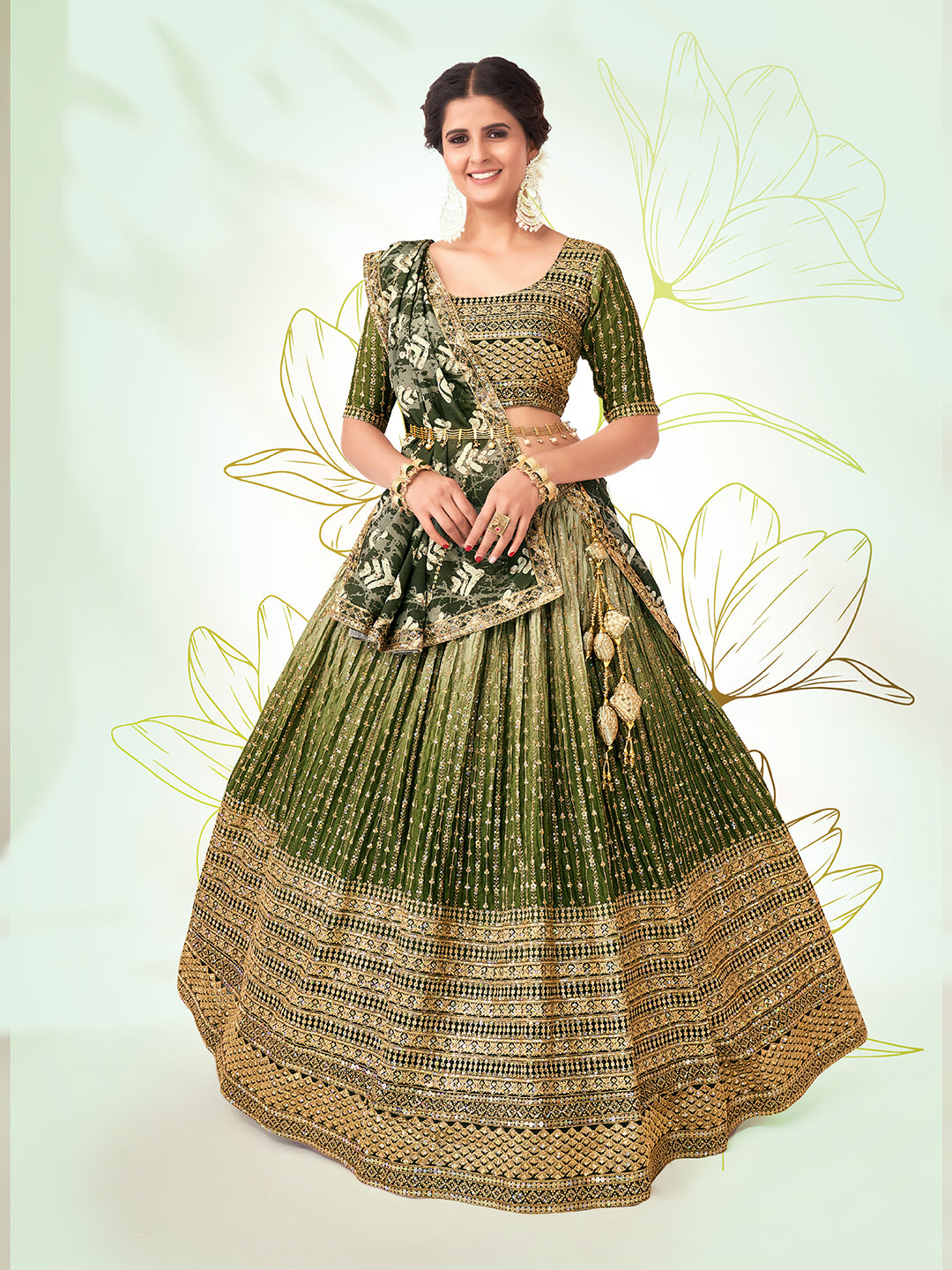 Olive Green Navratri Special Chinon Silk Lehenga Choli