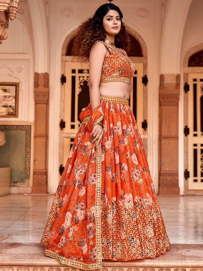 Orange Floral Printed Organza Lehenga Choli