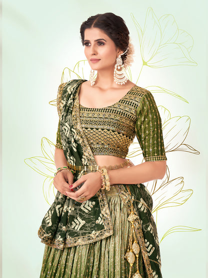 Olive Green Navratri Special Chinon Silk Lehenga Choli