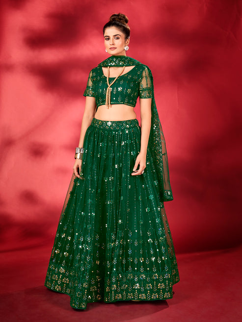 Deep Green Sequins Embroidered Net Lehenga Choli