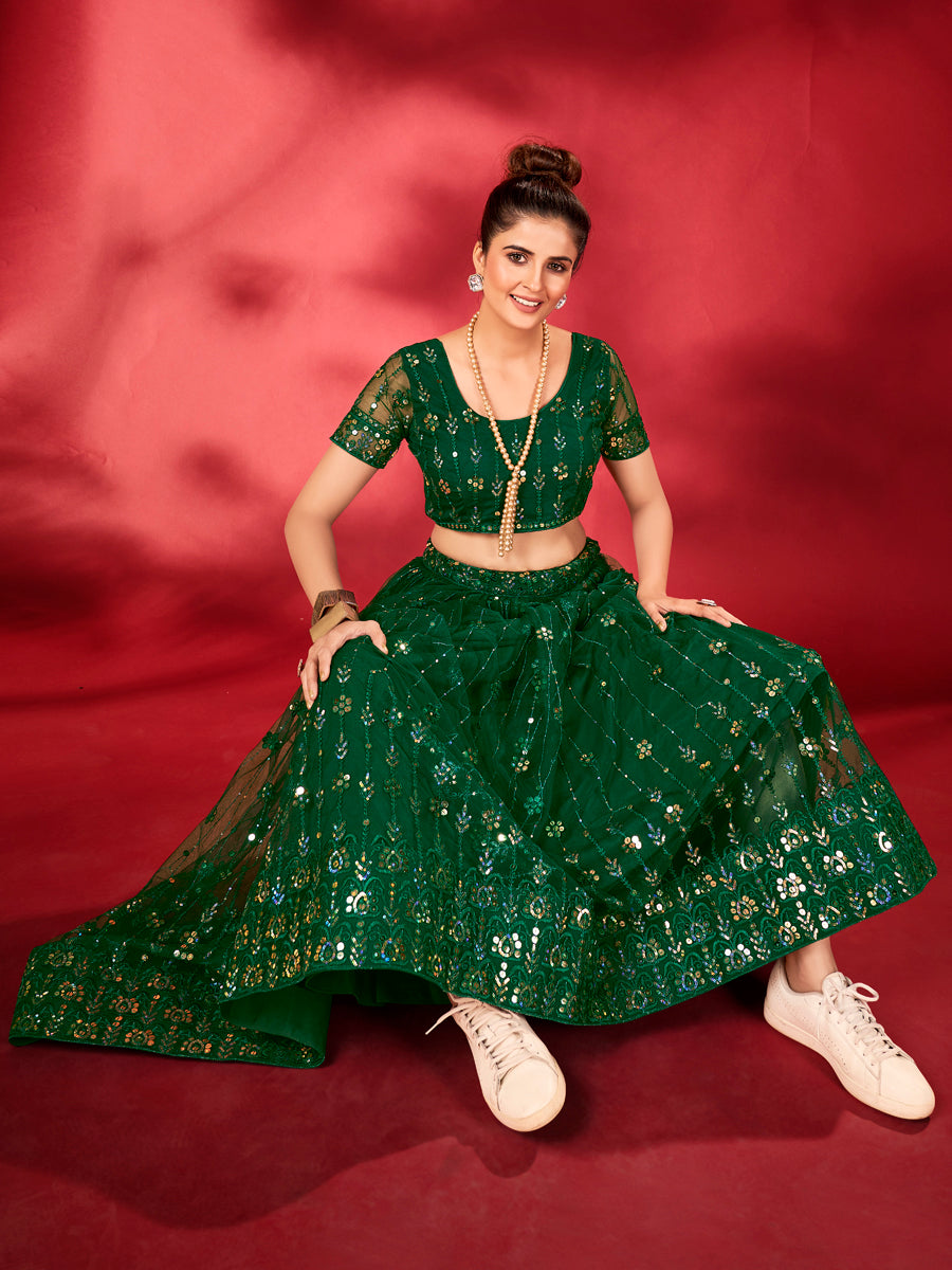 Deep Green Sequins Embroidered Net Lehenga Choli