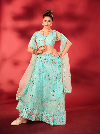 Sky Blue Sequins Embroidered Net Lehenga Choli