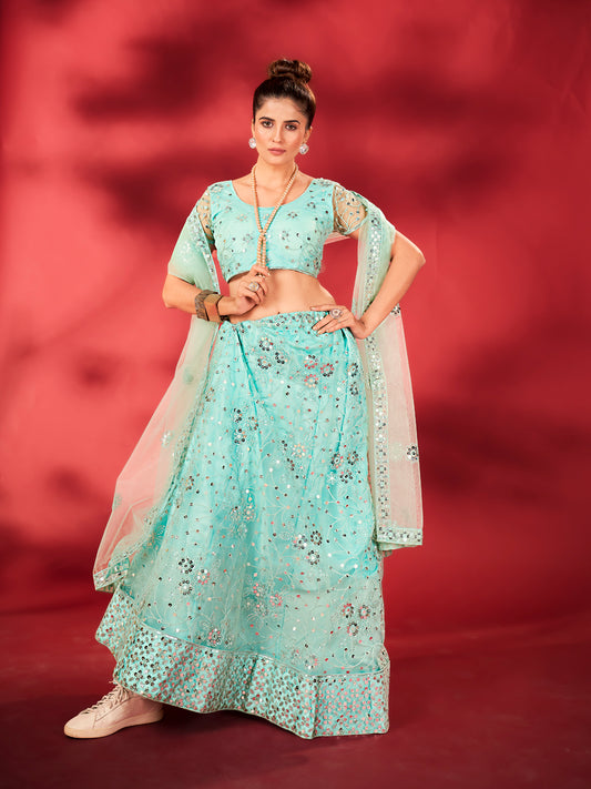 Sky Blue Sequins Embroidered Net Lehenga Choli