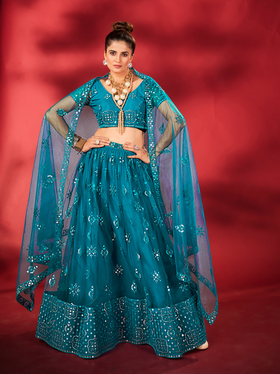 Light Blue Sequins Embroidered Net Lehenga Choli